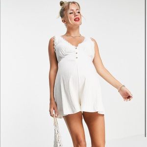 white maternity v neck romper with open back